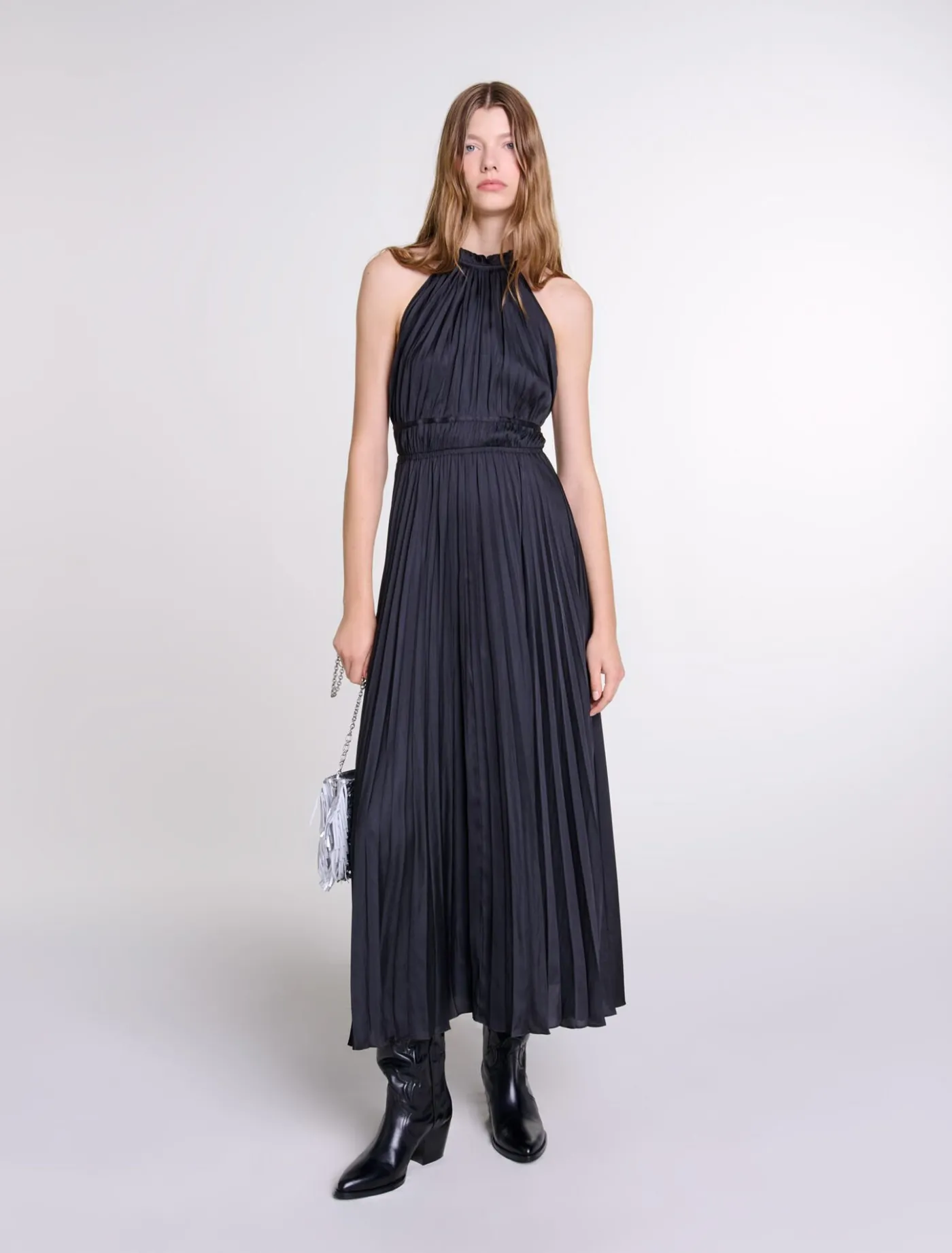 Pleated satin maxi dress^Maje Shop